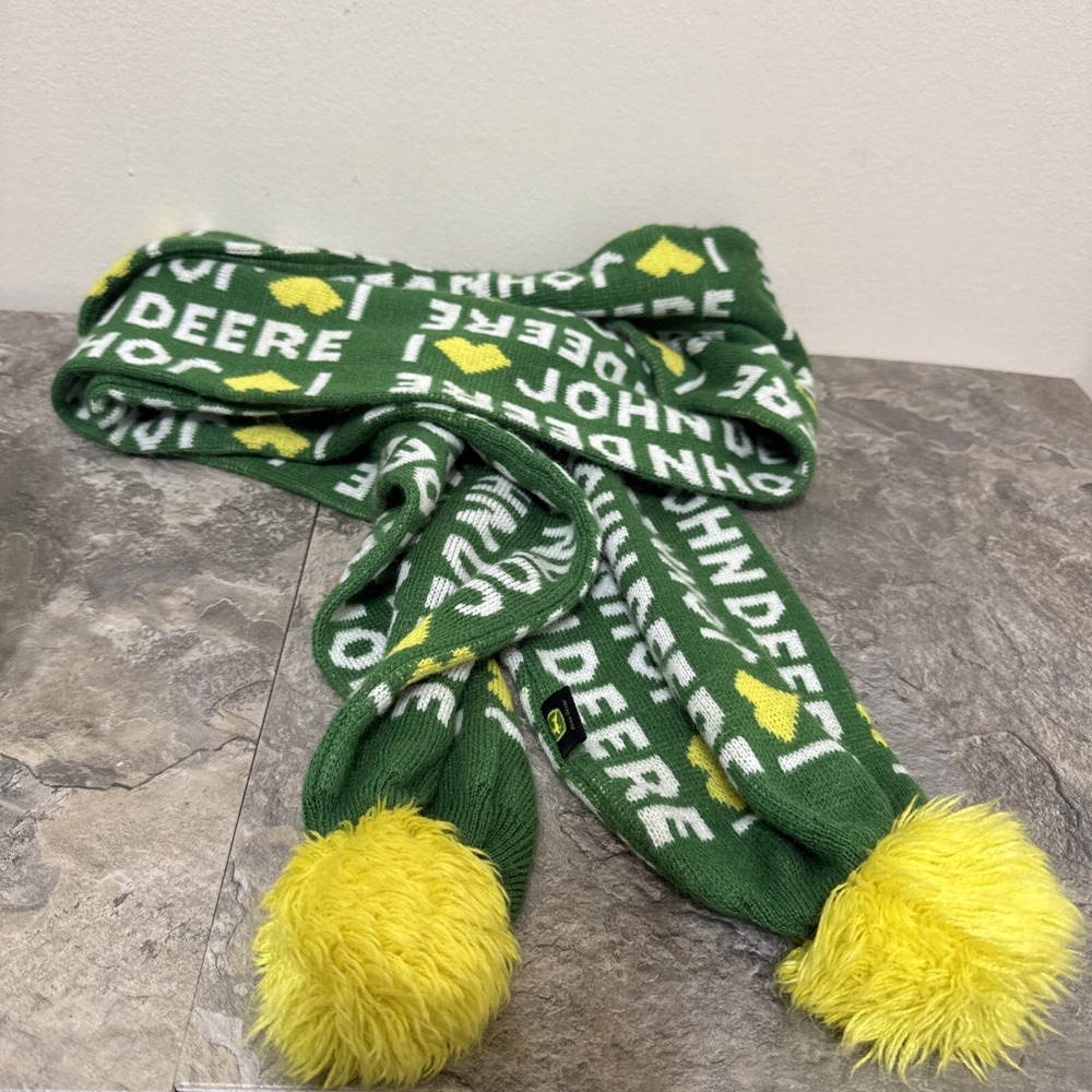 I Love John Deere Knit Scarf Logo Pom Pom Tractor All Over Print GUC